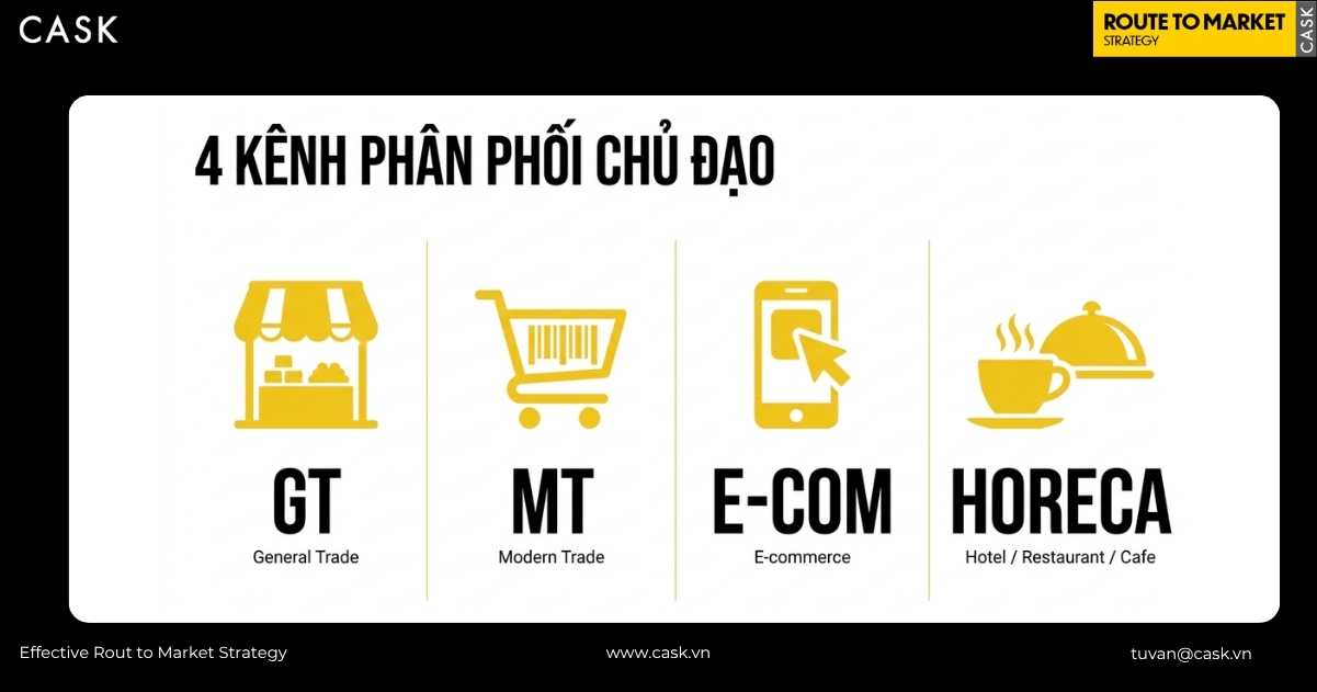 Sơ đồ 4 kênh phân phối chủ đạo bao gồm GT (Truyền thống), MT (Hiện đại), E-commerce và Horeca