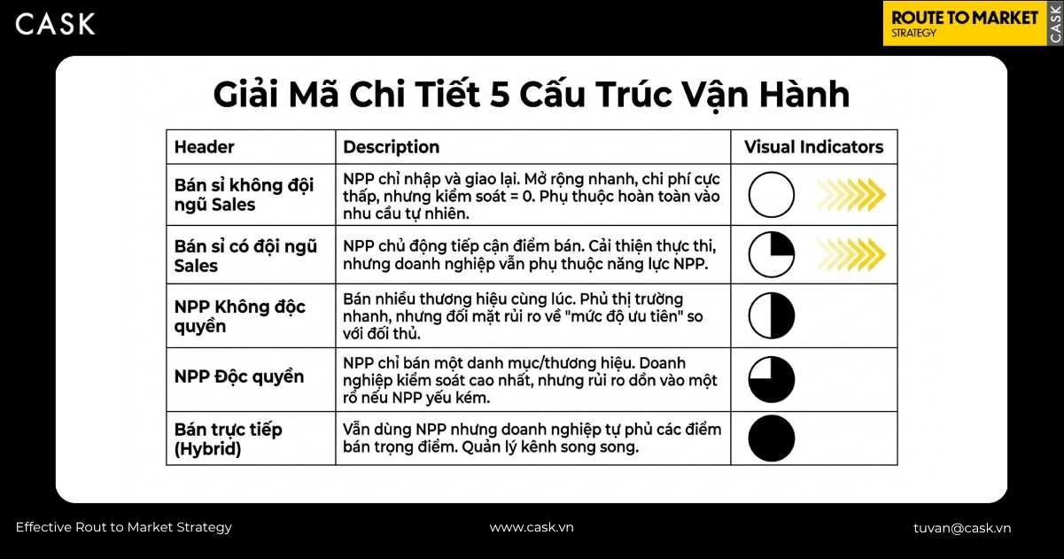 bảng giải mã chi tiết năm cấu trúc vận hành phổ biến trong phân phối gián tiếp
