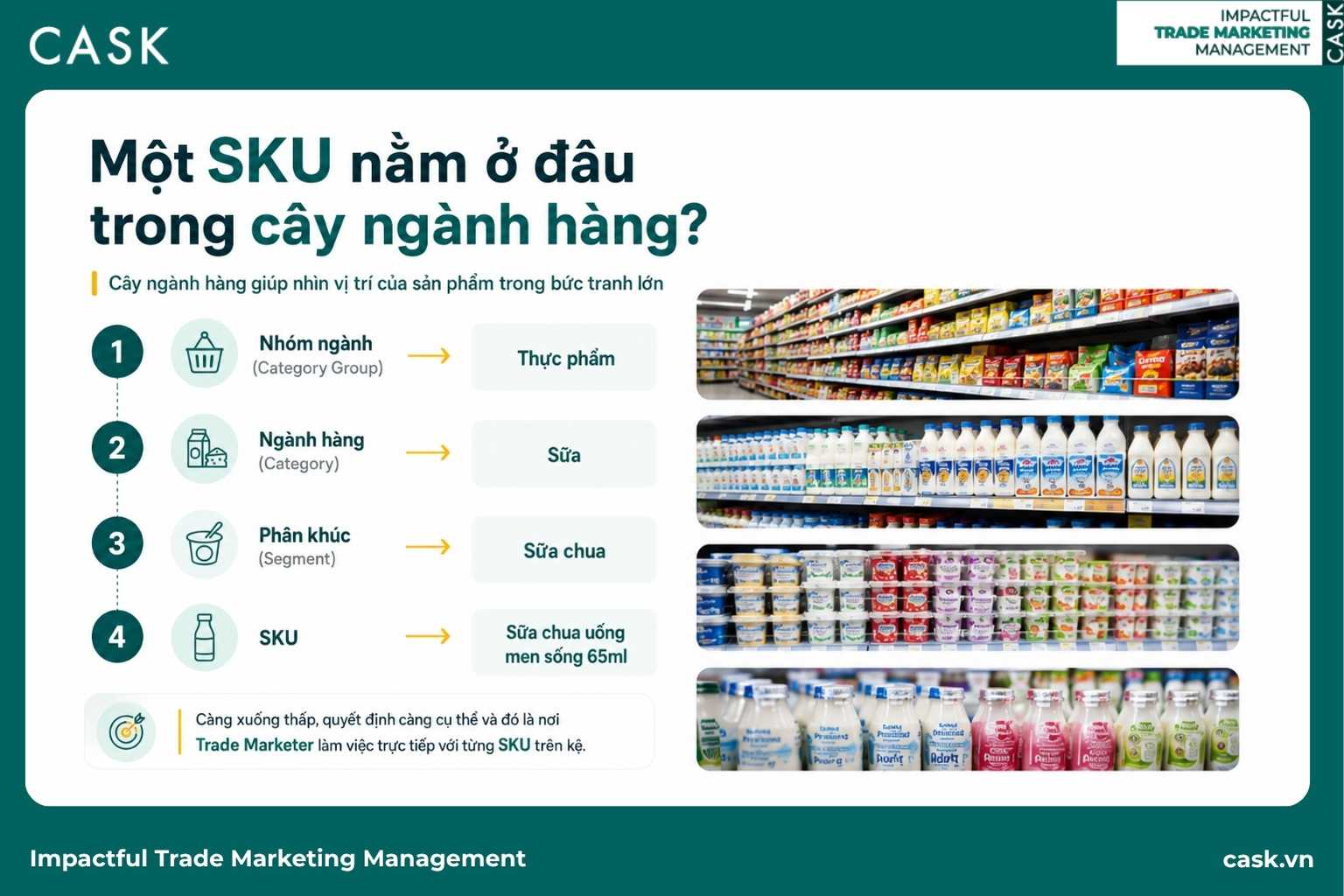 sơ đồ bốn tầng của cây ngành hàng từ nhóm ngành xuống SKU kèm bốn ảnh kệ minh hoạ