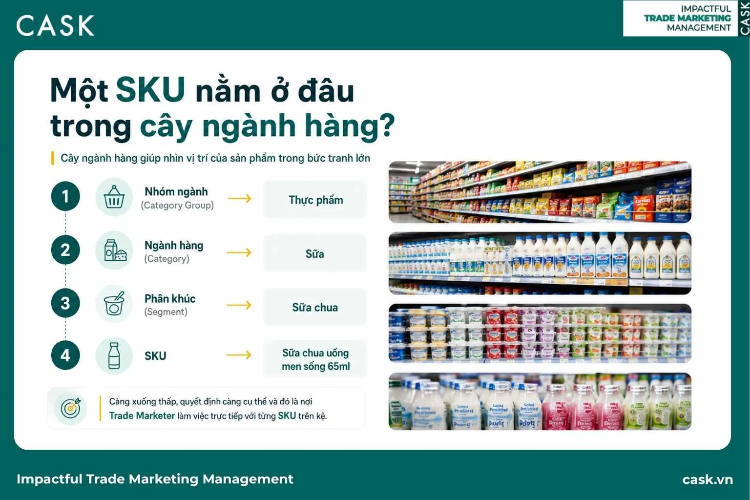 sơ đồ bốn tầng của cây ngành hàng từ nhóm ngành xuống SKU kèm bốn ảnh kệ minh hoạ