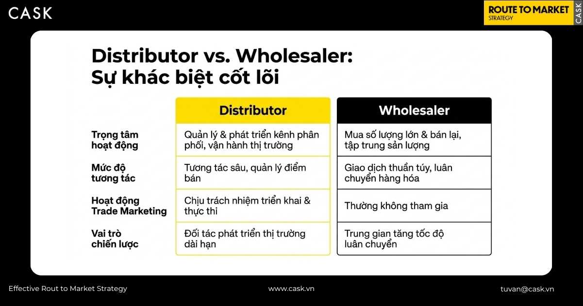 so sánh distributor và wholesaler theo trọng tâm hoạt động, tương tác và vai trò chiến lược
