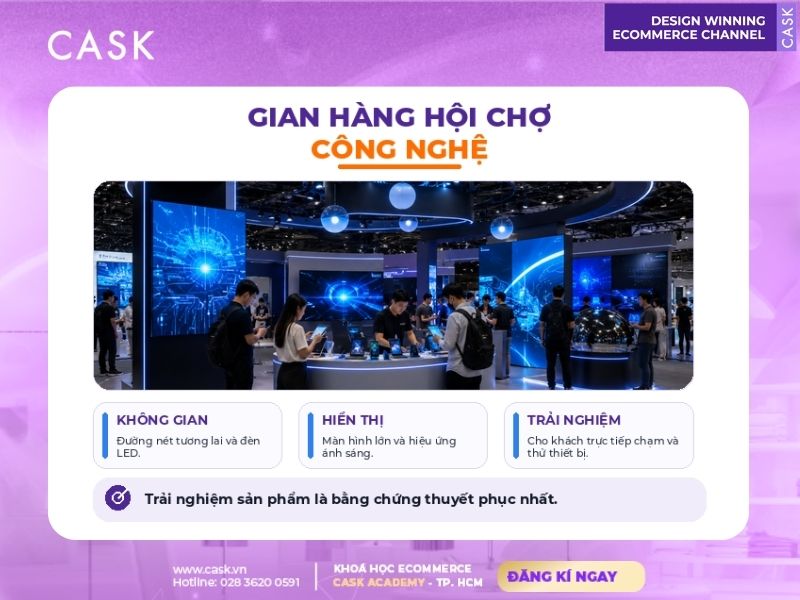trang trí gian hàng hội chợ công nghệ với màn hình và đèn led