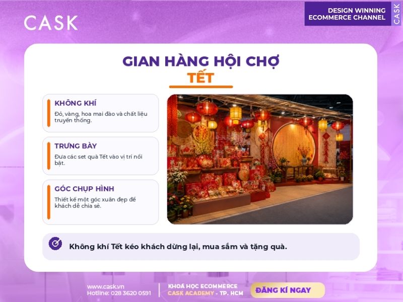 trang trí gian hàng hội chợ tết với sắc đỏ vàng và set quà