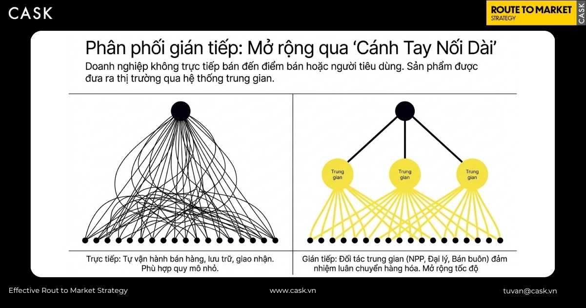 so sánh phân phối trực tiếp và gián tiếp qua sơ đồ mạng lưới mở rộng bằng đối tác trung gian