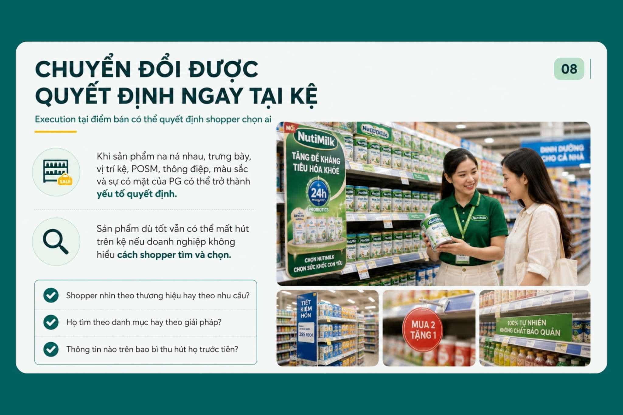 PG tư vấn sản phẩm cho một shopper trước dãy kệ