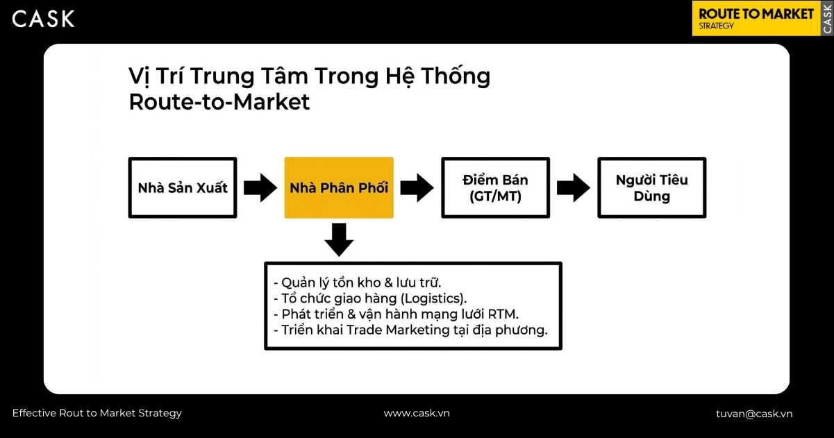 Sơ đồ vị trí nhà phân phối là mắt xích trung tâm trong Route to Market giữa nhà sản xuất và điểm bán GT MT với 4 nhiệm vụ tồn kho logistics RTM trade marketing