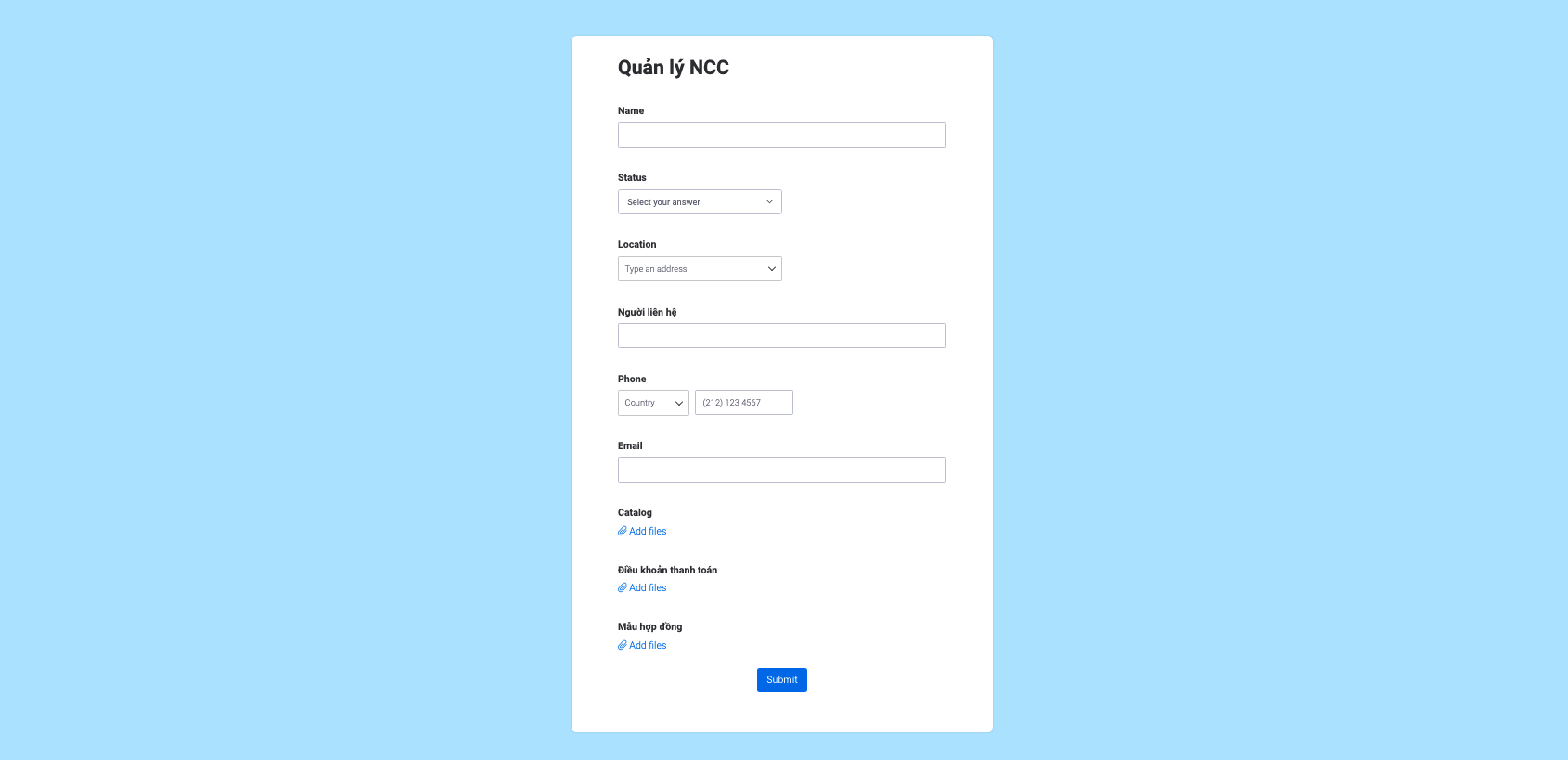 Form ghi nhận thông tin, báo giá từ nhà cung cấp