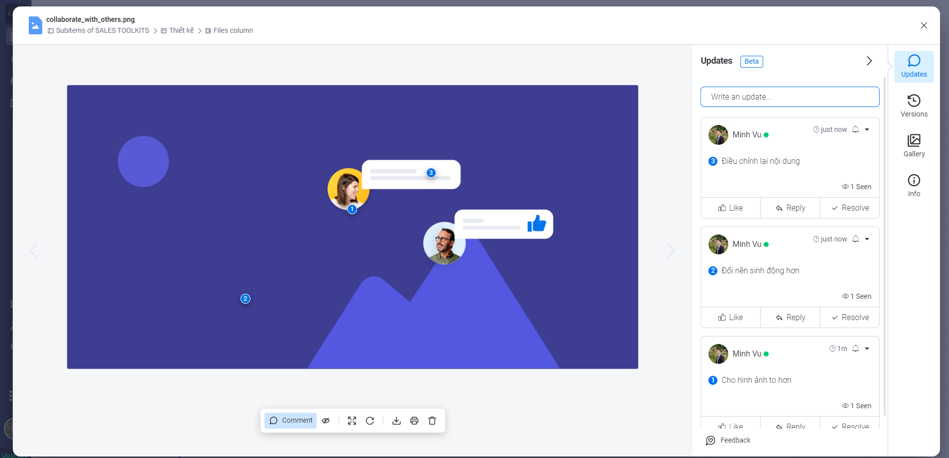 Trực tiếp trao đổi thông tin, yêu cầu chỉnh sửa, phê duyệt từng sales toolkits trên hệ thống