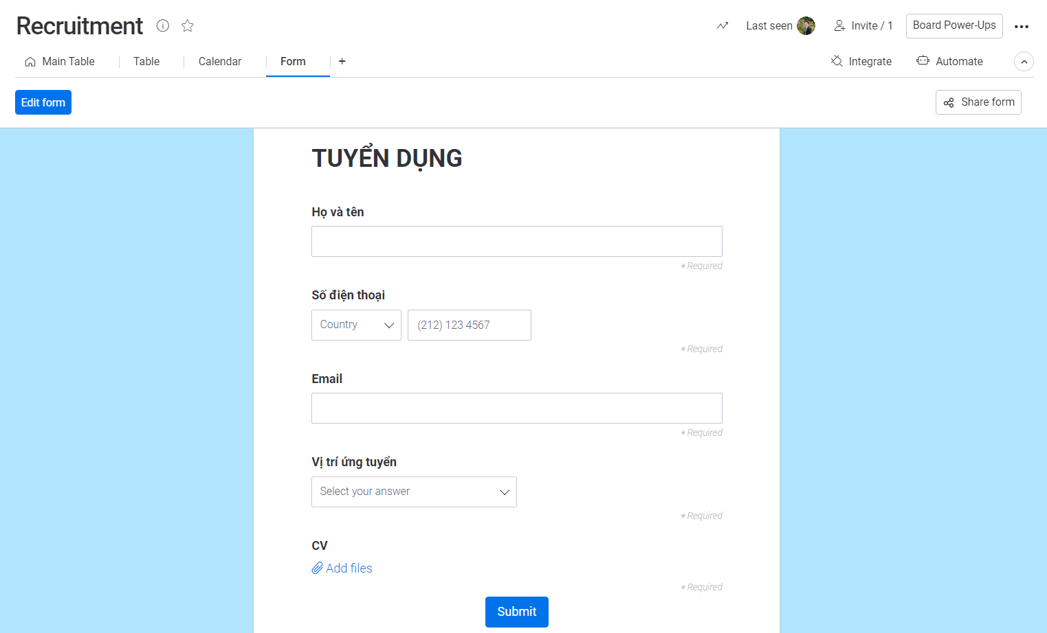 Form điền thông tin dành cho ứng viên, tự động cập nhật thông tin và phân loại vào hệ thống